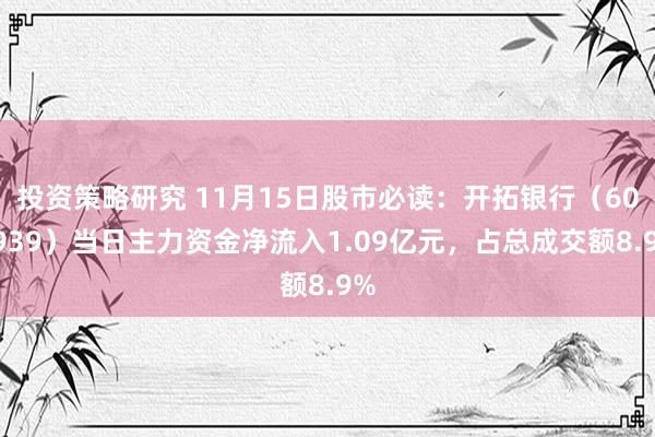 投资策略研究 11月15日股市必读：开拓银行（601939）当日主力资金净流入1.09亿元，占总成交额8.9%