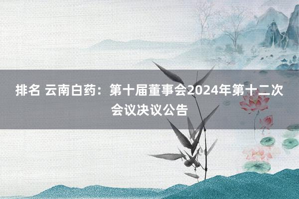 排名 云南白药：第十届董事会2024年第十二次会议决议公告