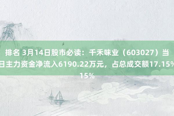 排名 3月14日股市必读：千禾味业（603027）当日主力资金净流入6190.22万元，占总成交额17.15%